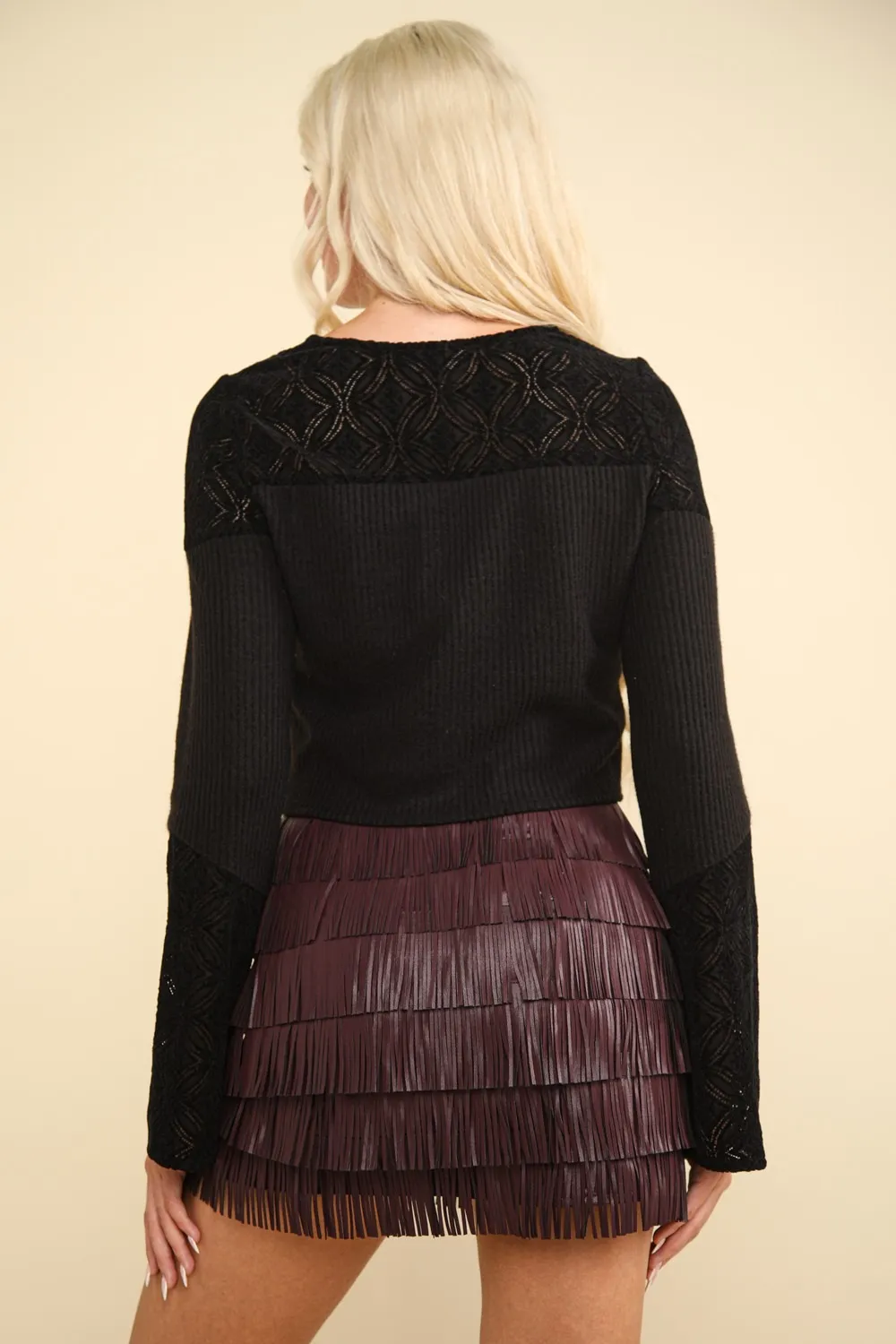V-Neck Lace Detail Button Down Crop Ribbed Knit Top, image 2
