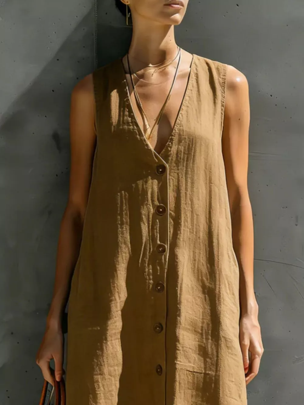 Full Size Sleeveless V-Neck Button-Down Linen Maxi Dress Plus Size, image 6