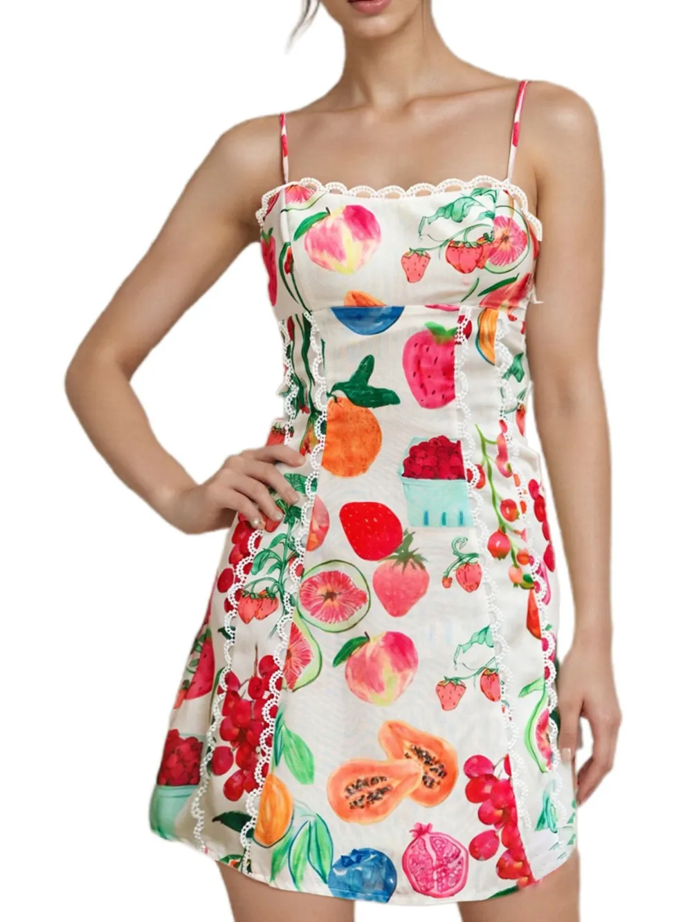 Lace Detail Fruit Print Cami Dress, image 5