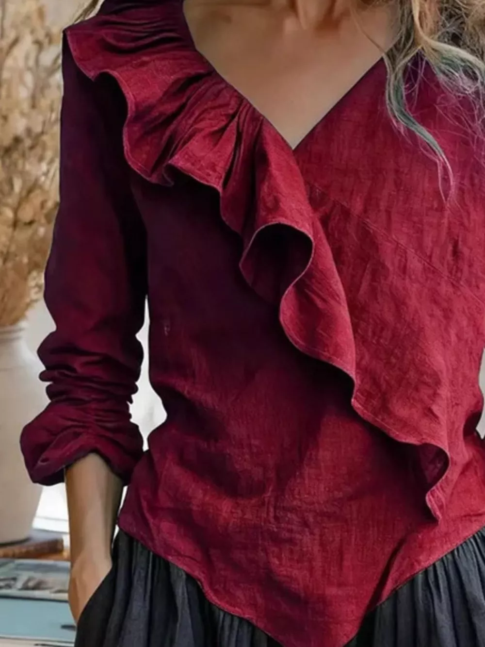 V-Neck Ruffled Long Sleeve Blouse, image 8