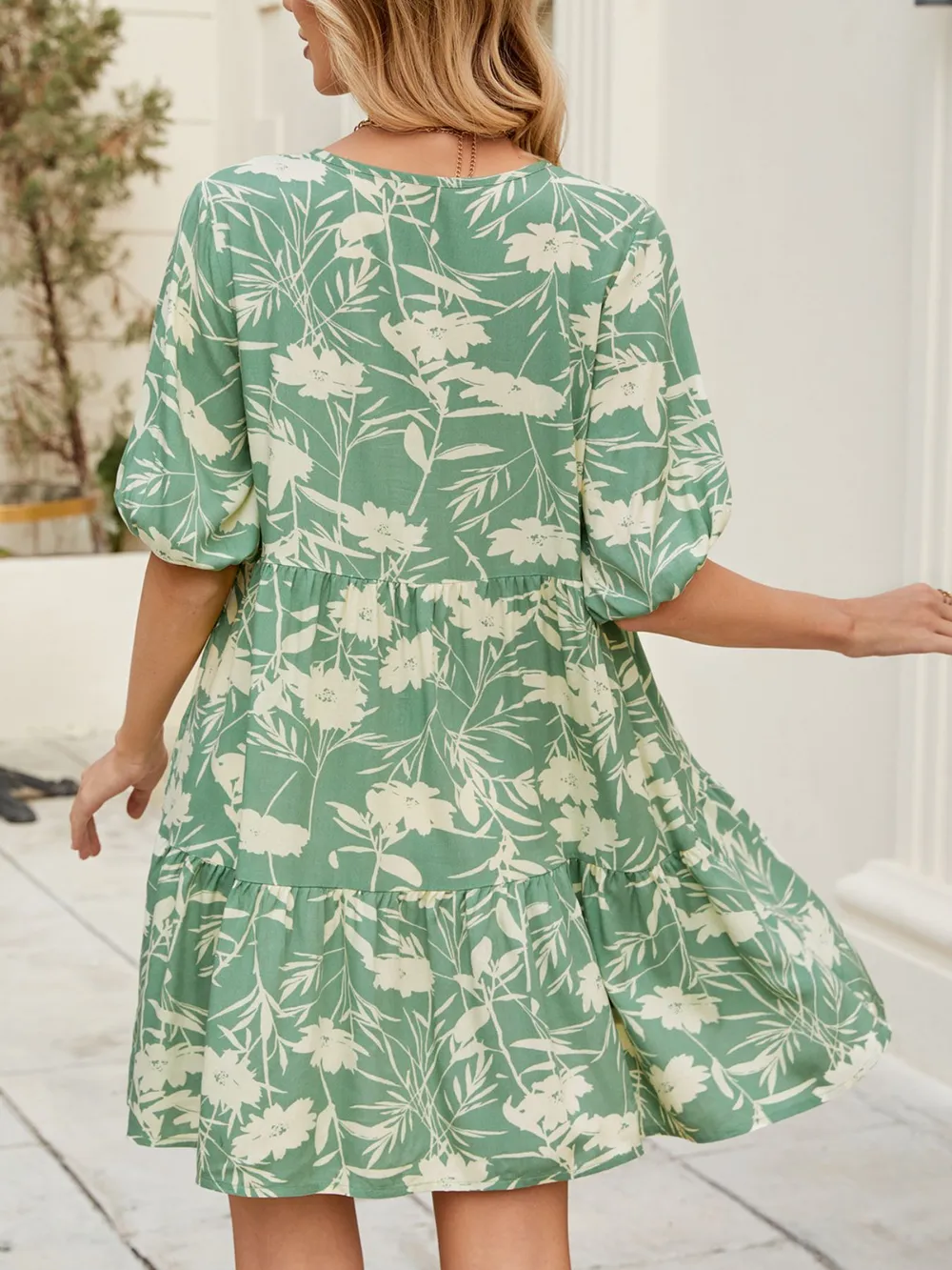 Printed V-Neck Ruffle Hem Mini Dress, image 5