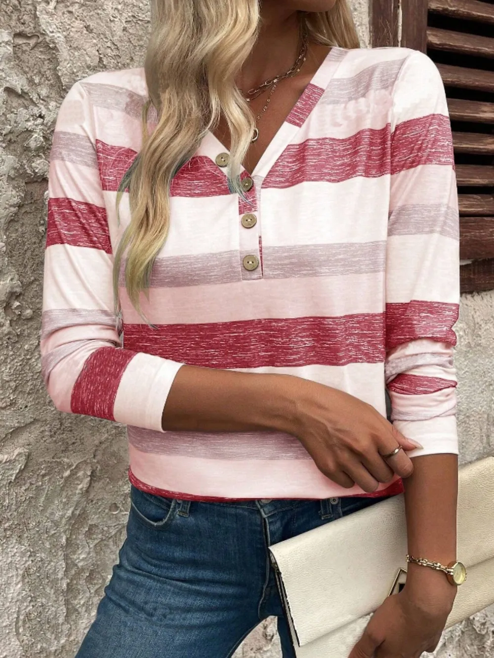 Contrast Striped V-Neck Long Sleeve T-Shirt, image 2