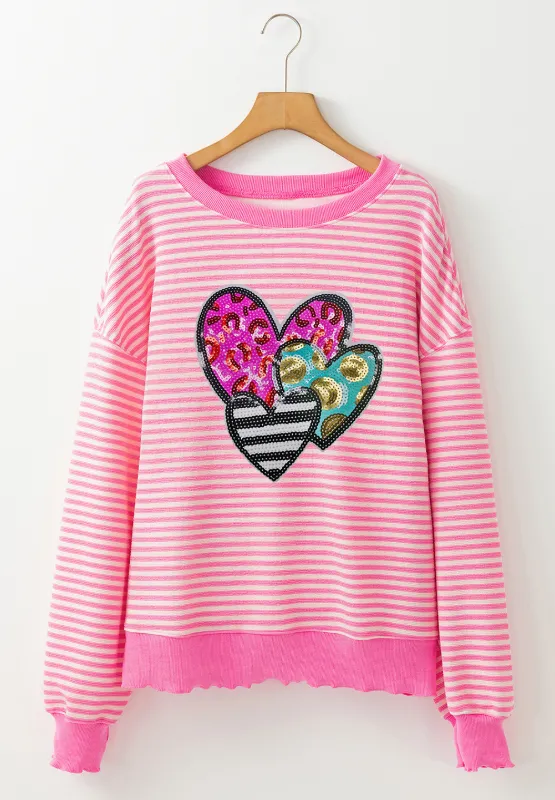 Striped Sequin Heart Round Neck Long Sleeve Sweatshirt, image 3