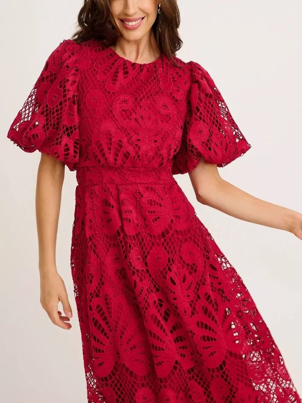 Lace Puff Sleeve Midi Dress, image 9
