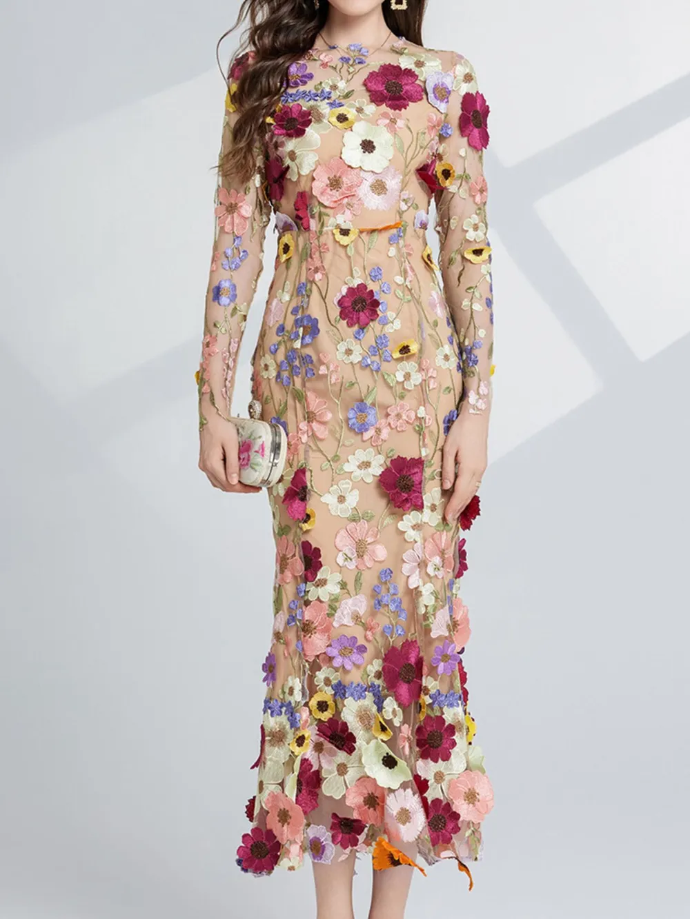 Floral Embroidered Mesh Long Sleeve Midi Dress, image 20