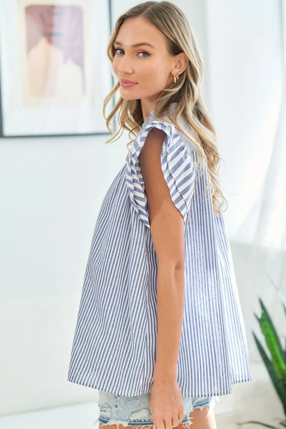 Full Size Striped Flutter Sleeve Blouse, image 3
