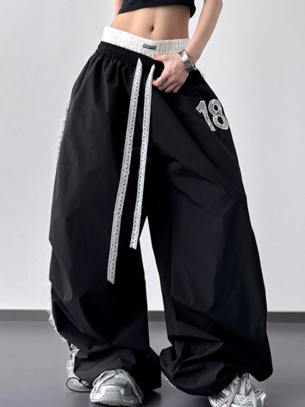 Lace Detail Drawstring Wide Leg Pants, image 5