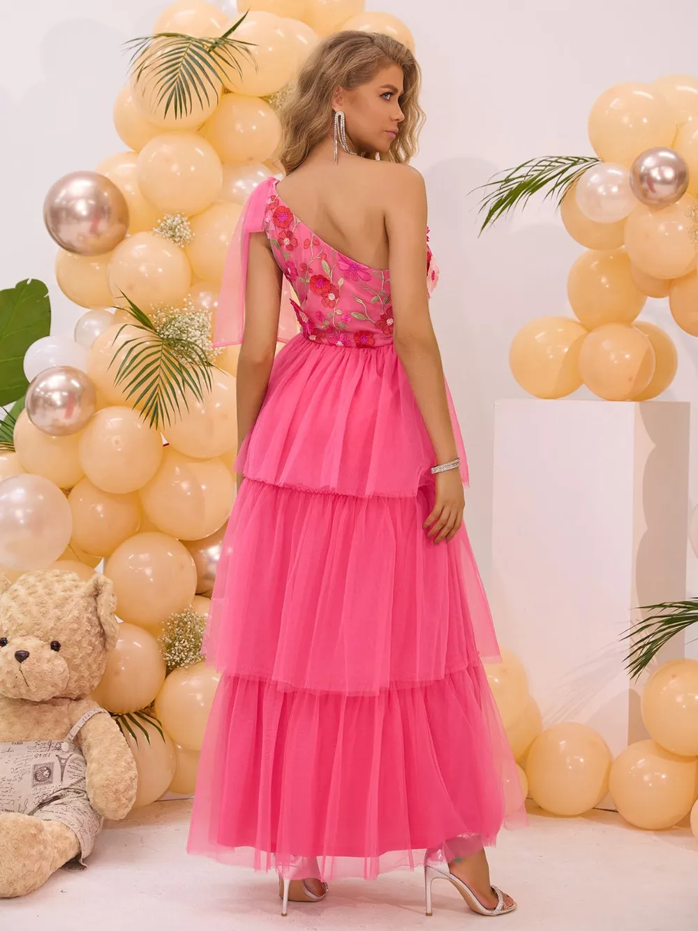 Embroidered Layered Single Shoulder Midi Dress, image 4