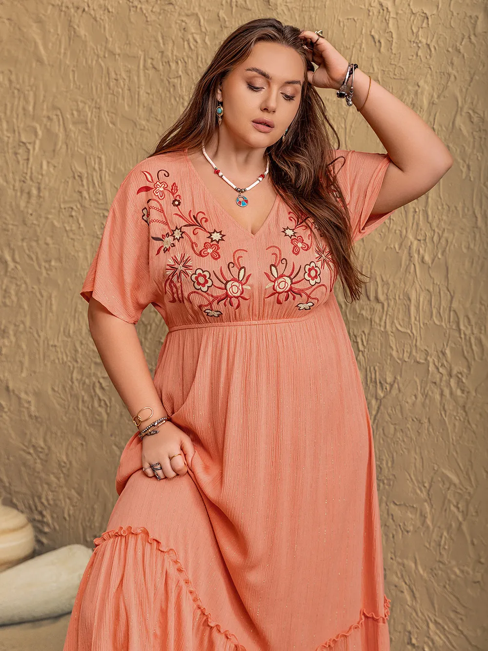 Plus Size Frill Embroidered V-Neck Half Sleeve Maxi Dress, image 6