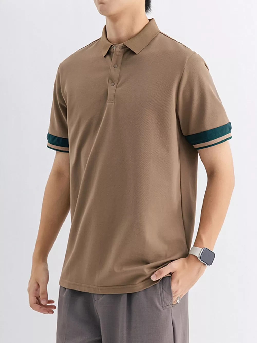 Men's Plus Size Button Detail Striped Cuff Polo, image 5