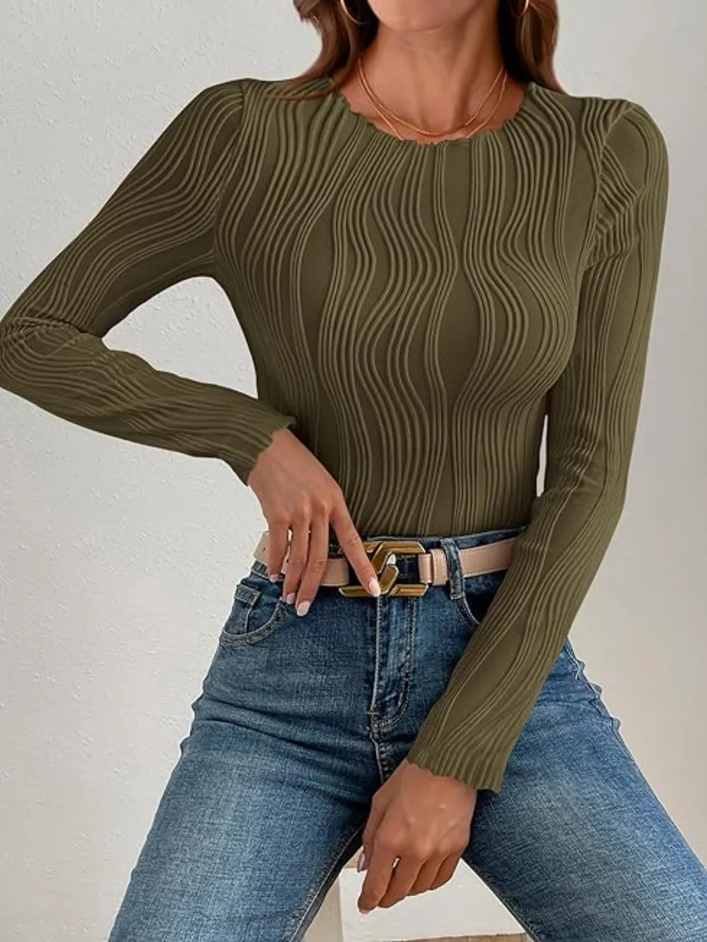 Textured Round Neck Long Sleeve Top, image 13