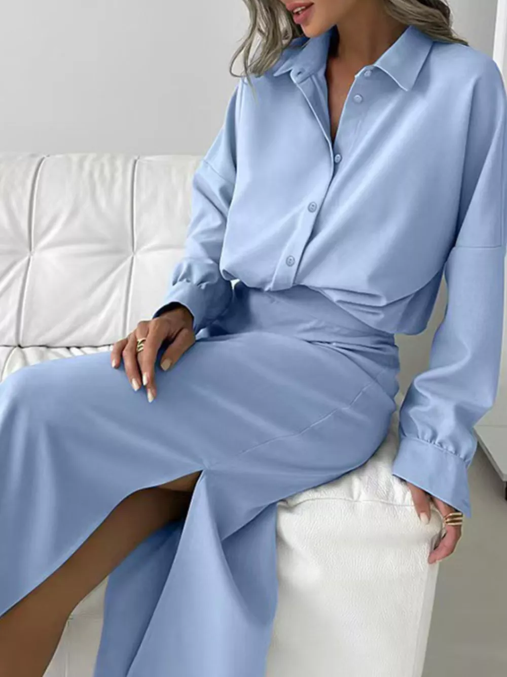 Long Sleeve Shirt and Slit Midi Skirt Set, image 2