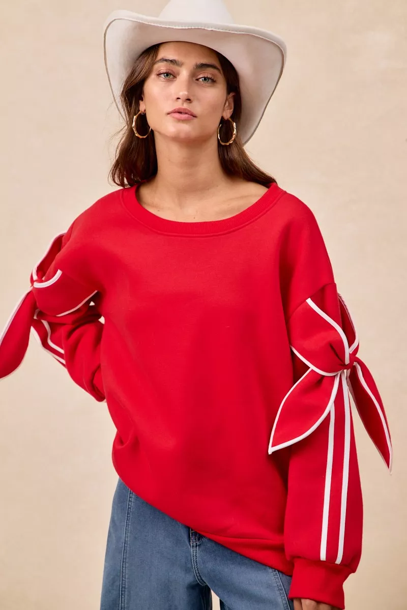 Bow Detail Sleeves Fleece Sweatshirt, image 2