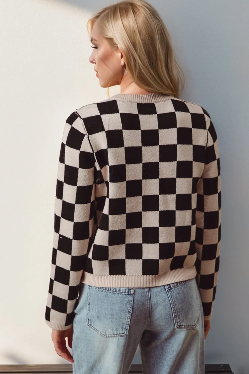 Full Size Checkered Tie Front Long Sleeve Cardigan, image 2