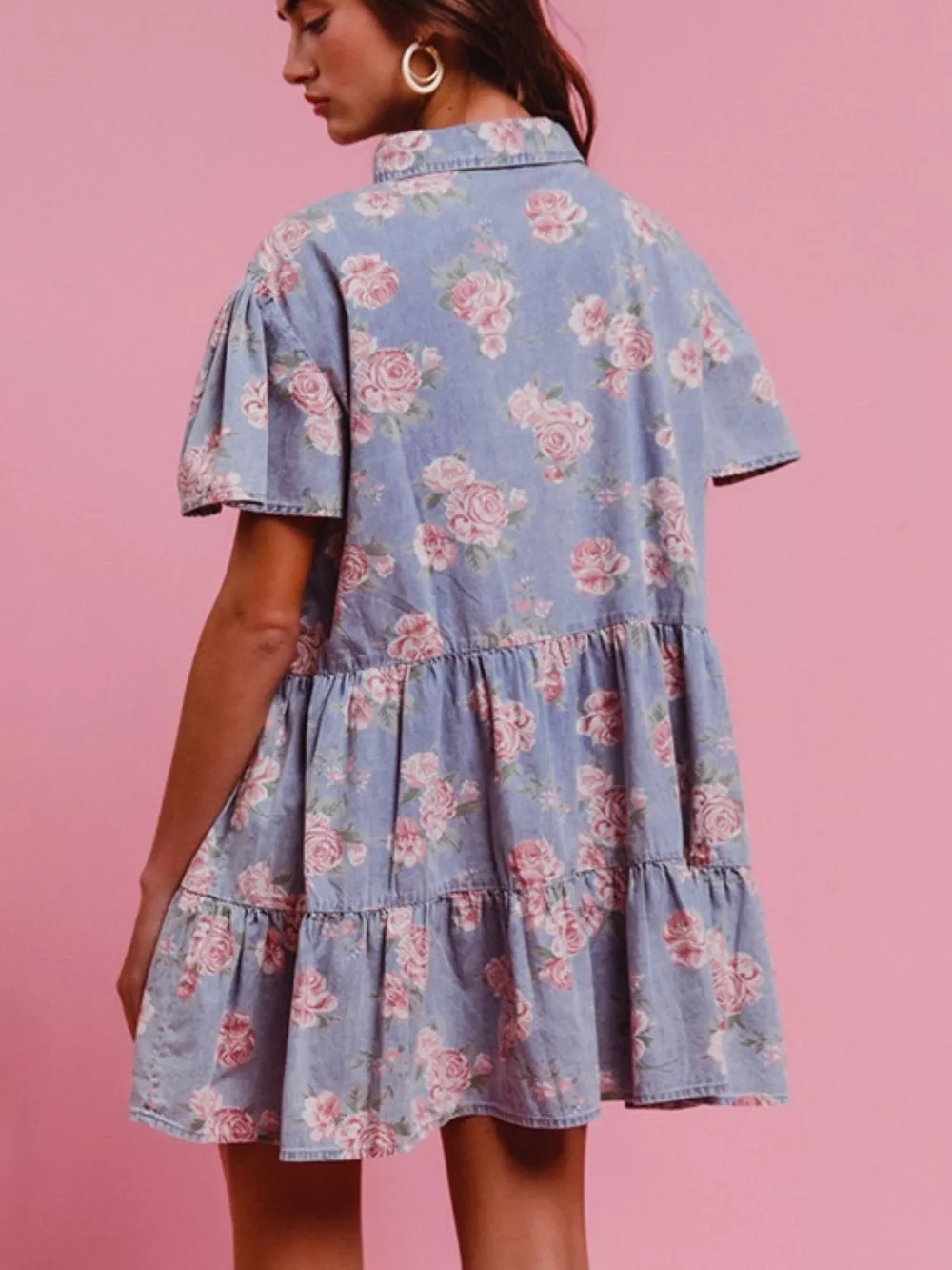 Floral Print Denim Button-Down Tiered Mini Dress, image 9