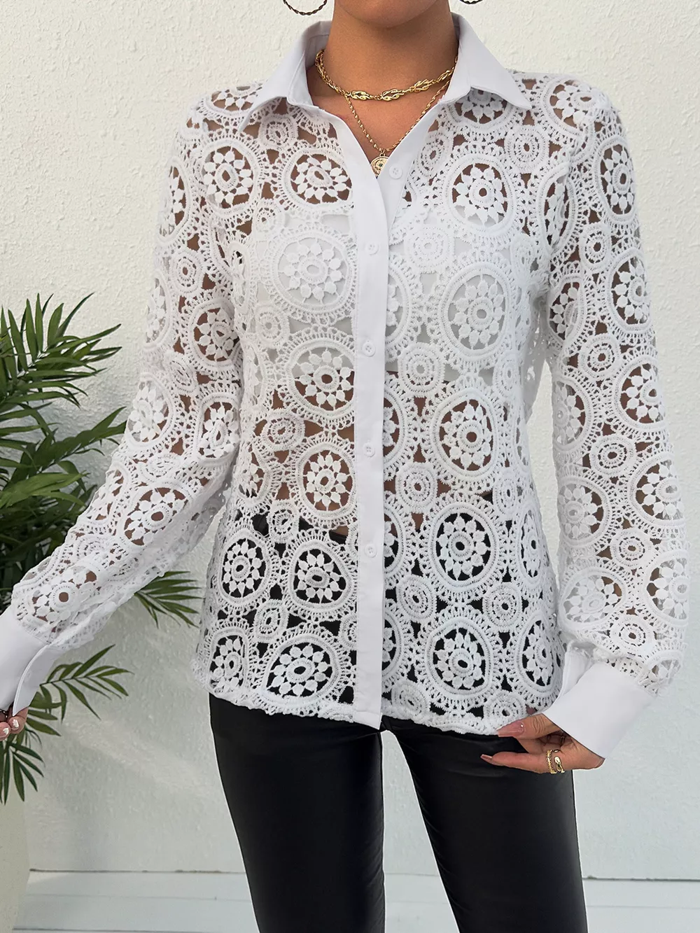 Lace Button Up Long Sleeve Shirt