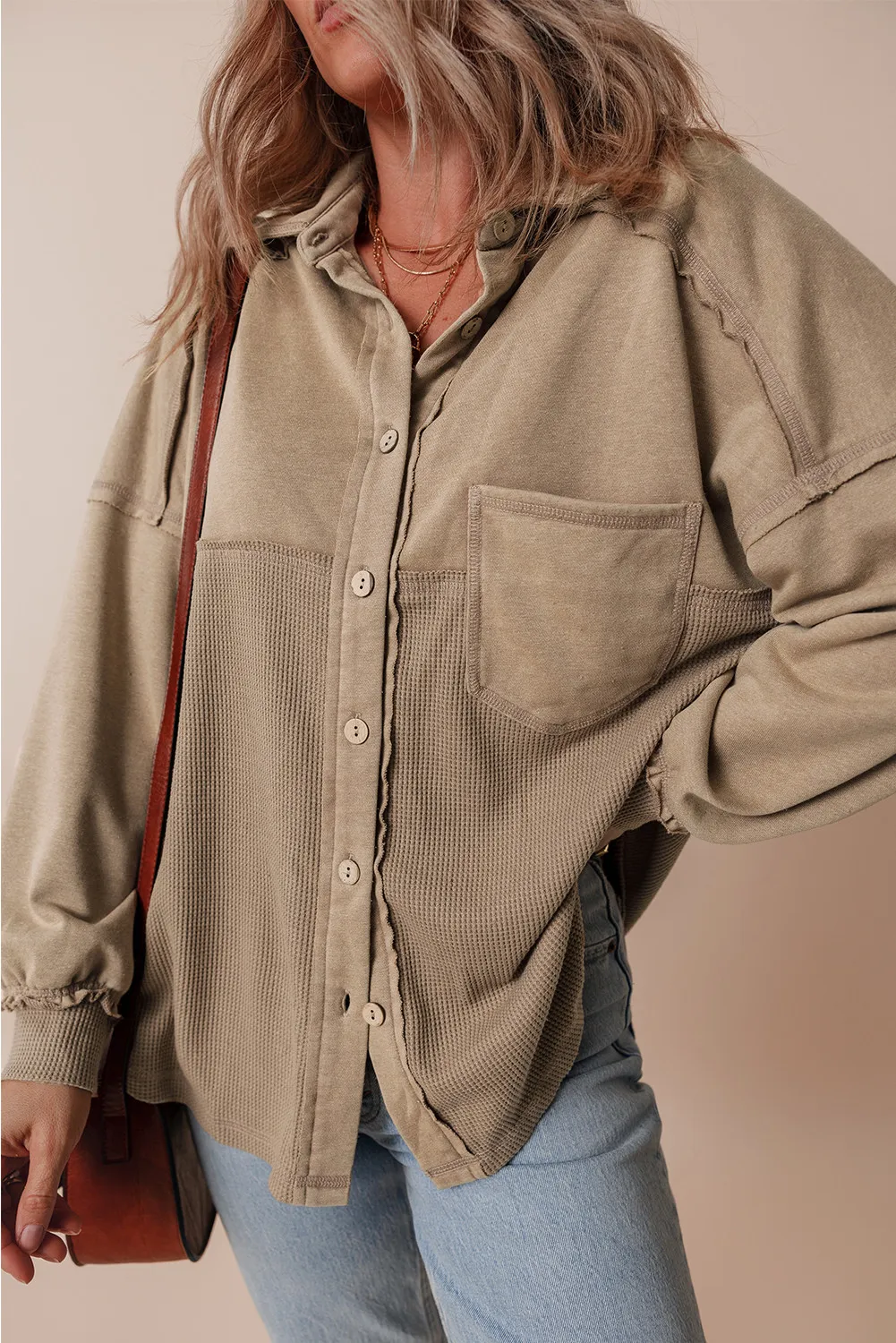 Waffle-Knit Collared Neck Long Sleeve Shacket, image 8