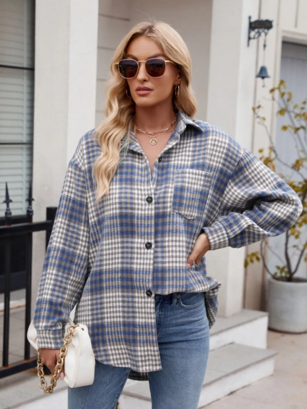 Pocketed Plaid Collared Neck Long Sleeve Shirt, image 11