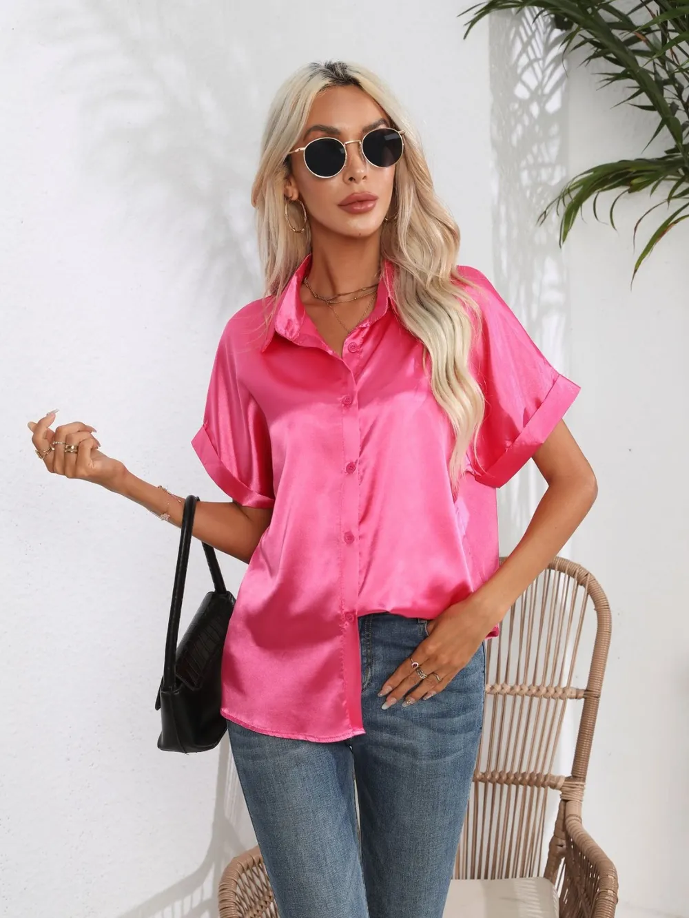 Button Down Collared Neck Short Sleeve Satin Shirt, image 5