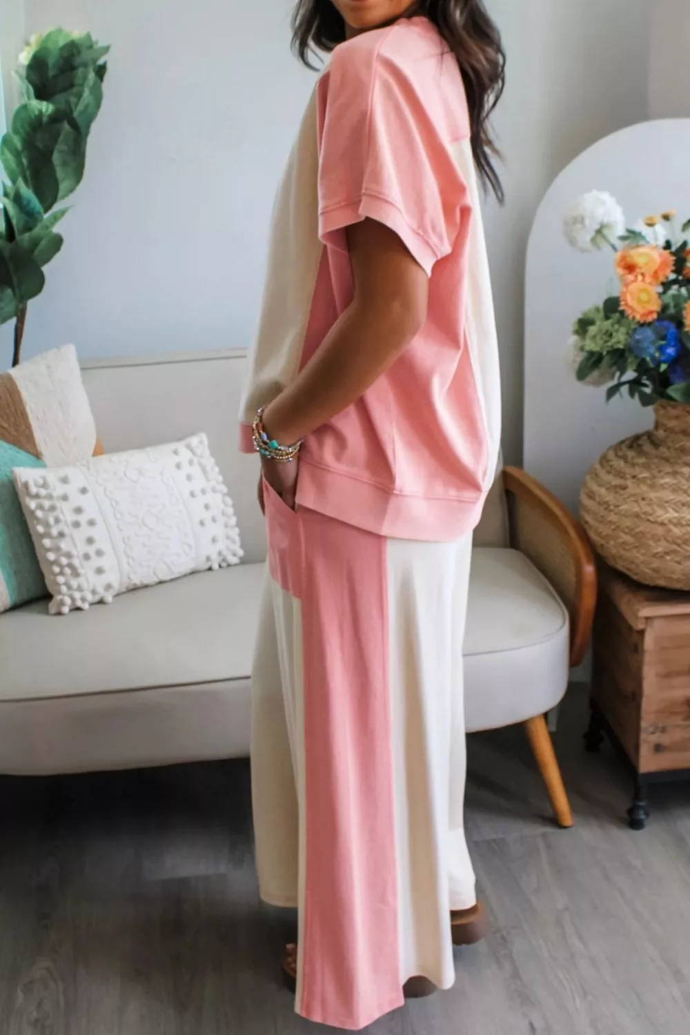Two-tone Color Block Patchwork Tee Drawstring Loose Pant Set, image 2