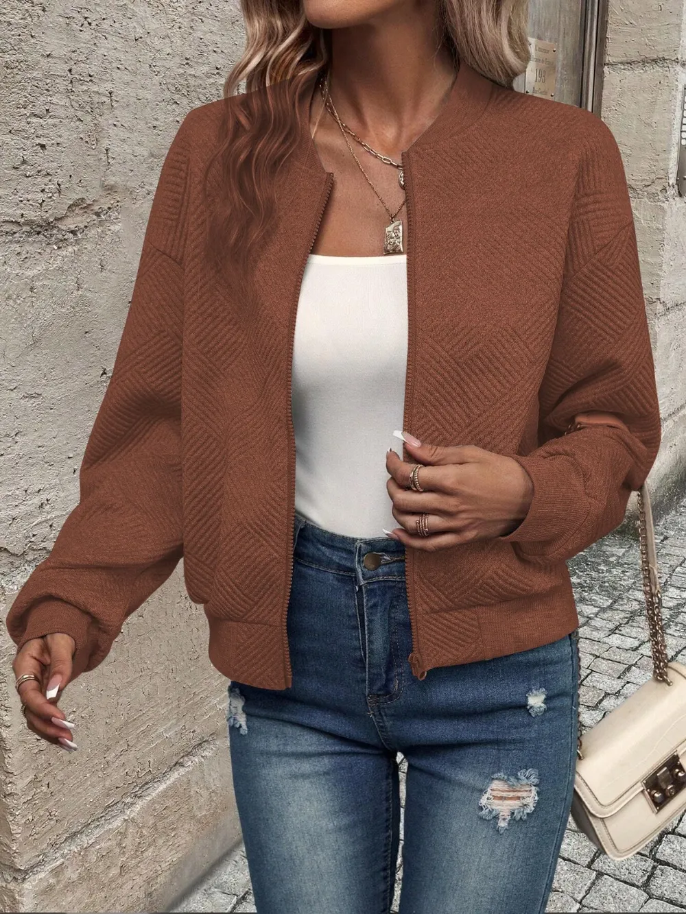 Textured Zip Up Long Sleeve Jacket, image 19