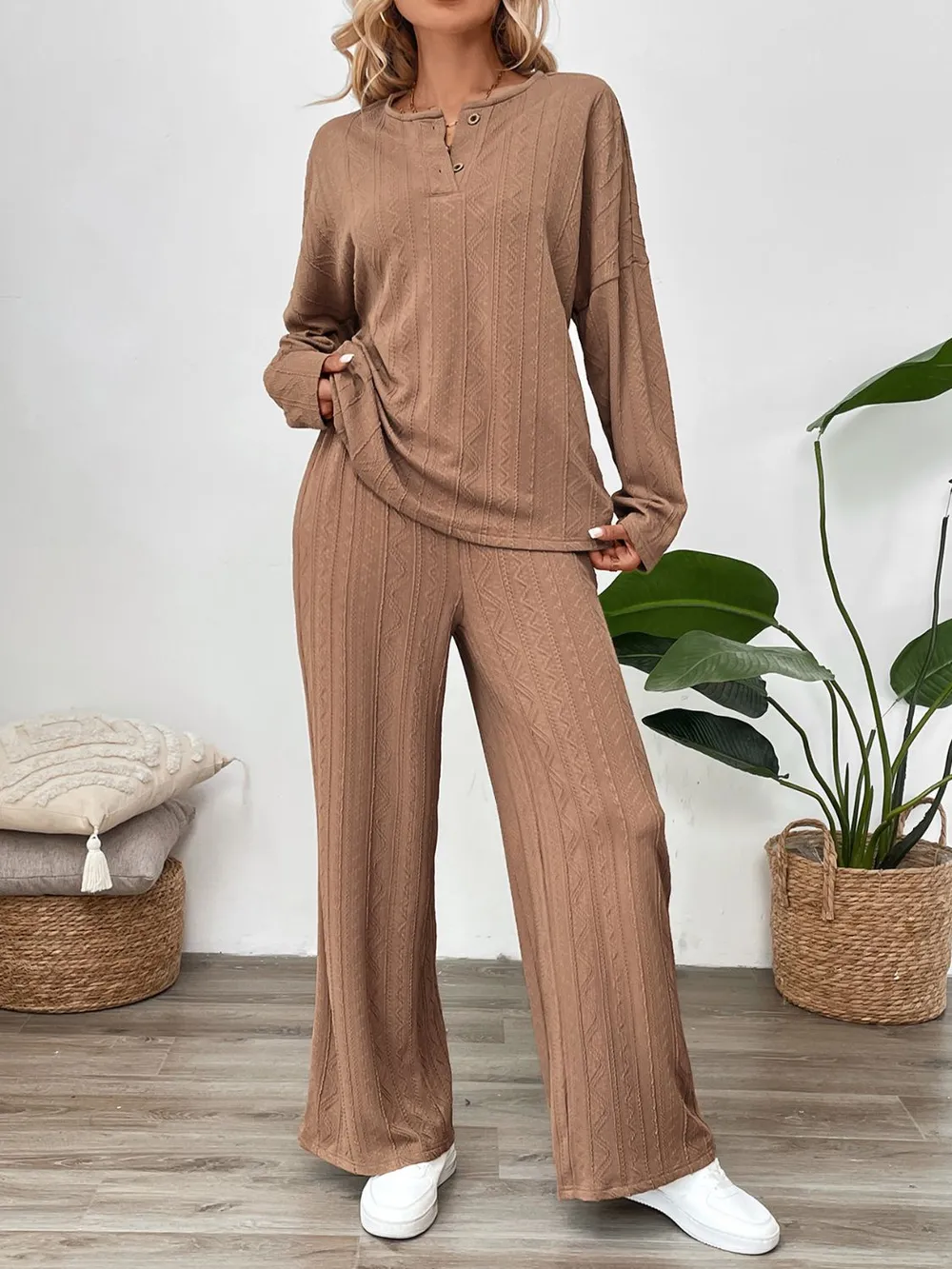 Quarter Button Long Sleeve Top and Pants Set, image 3
