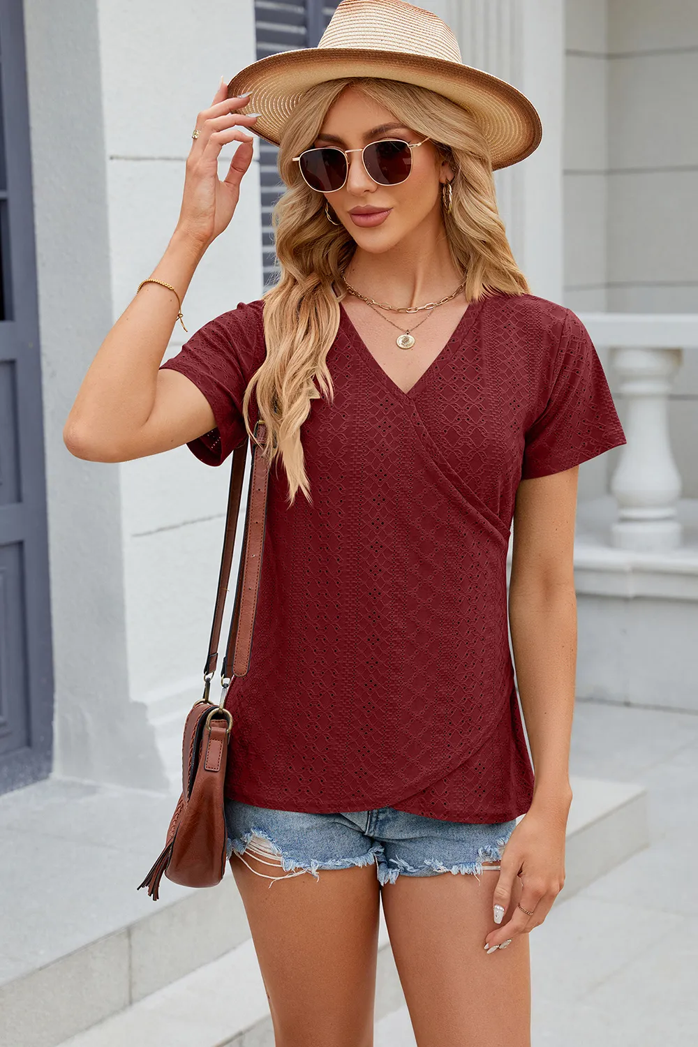 Eyelet Surplice Short Sleeve T-Shirt, image 4