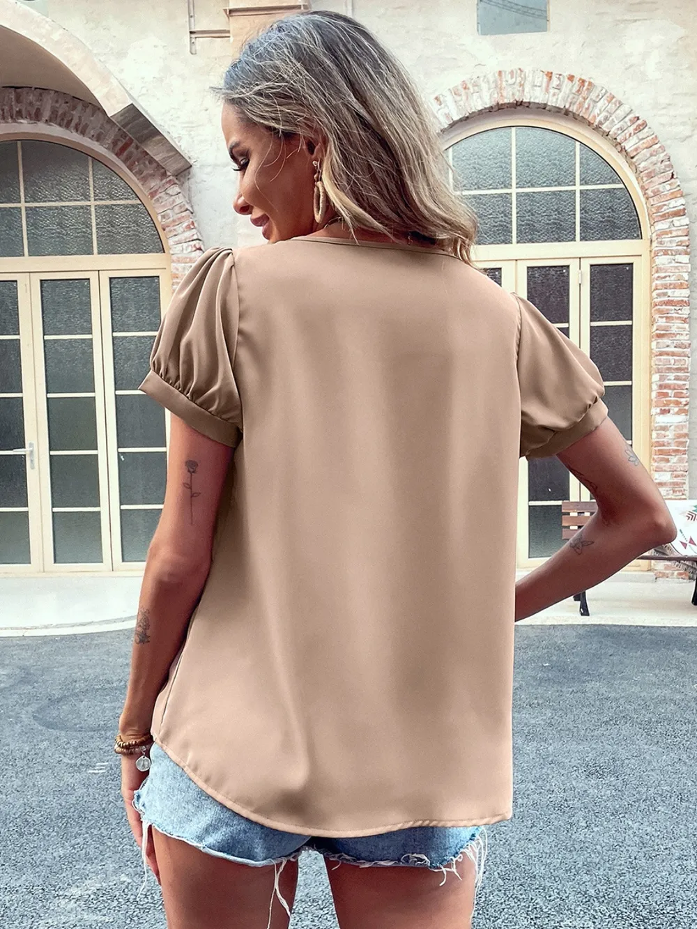 Pearl Detail Notched Short Sleeve Blouse, image 6