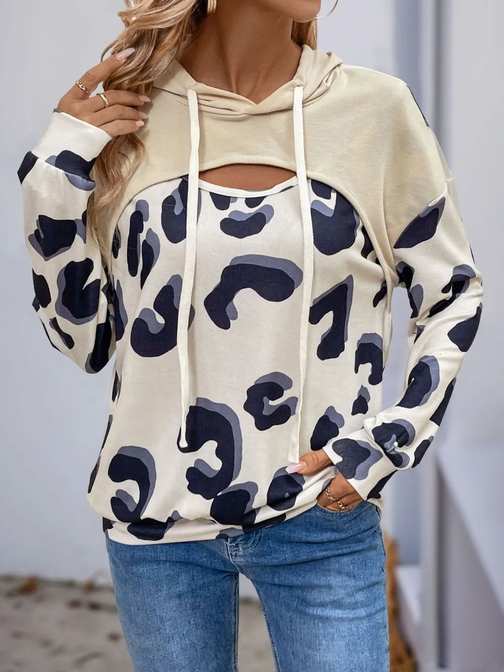 Drawstring Faux Layered Long Sleeve Hoodie, image 2
