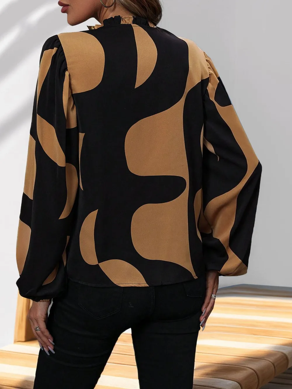 Frill Notched Long Sleeve Blouse, image 4