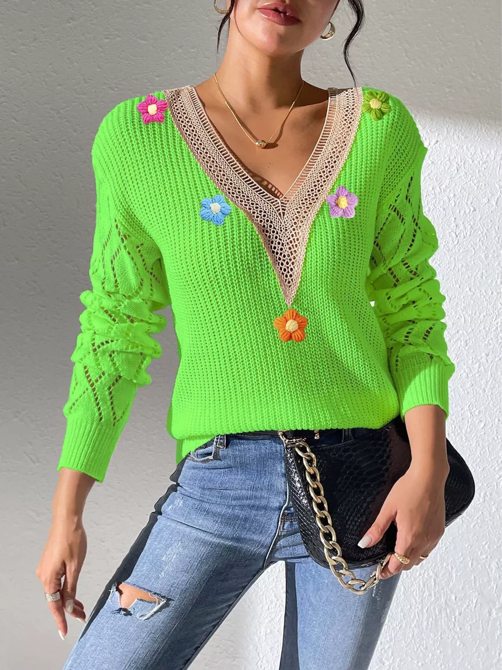 Floral Applique V-Neck Openwork Sweater, image 11