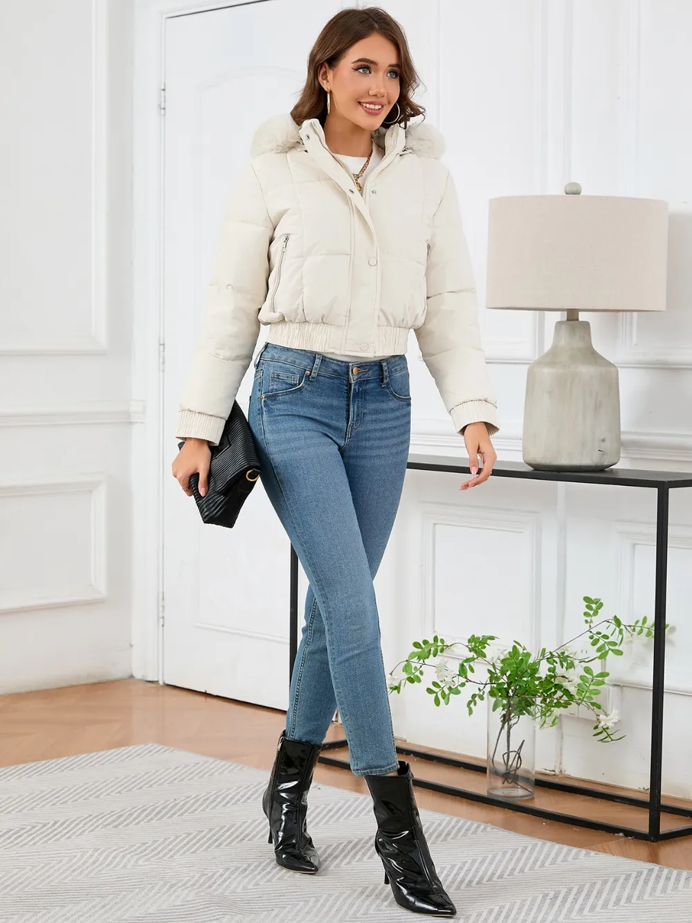 Pocketed Long Sleeve Cropped Hooded Winter Coat, image 13