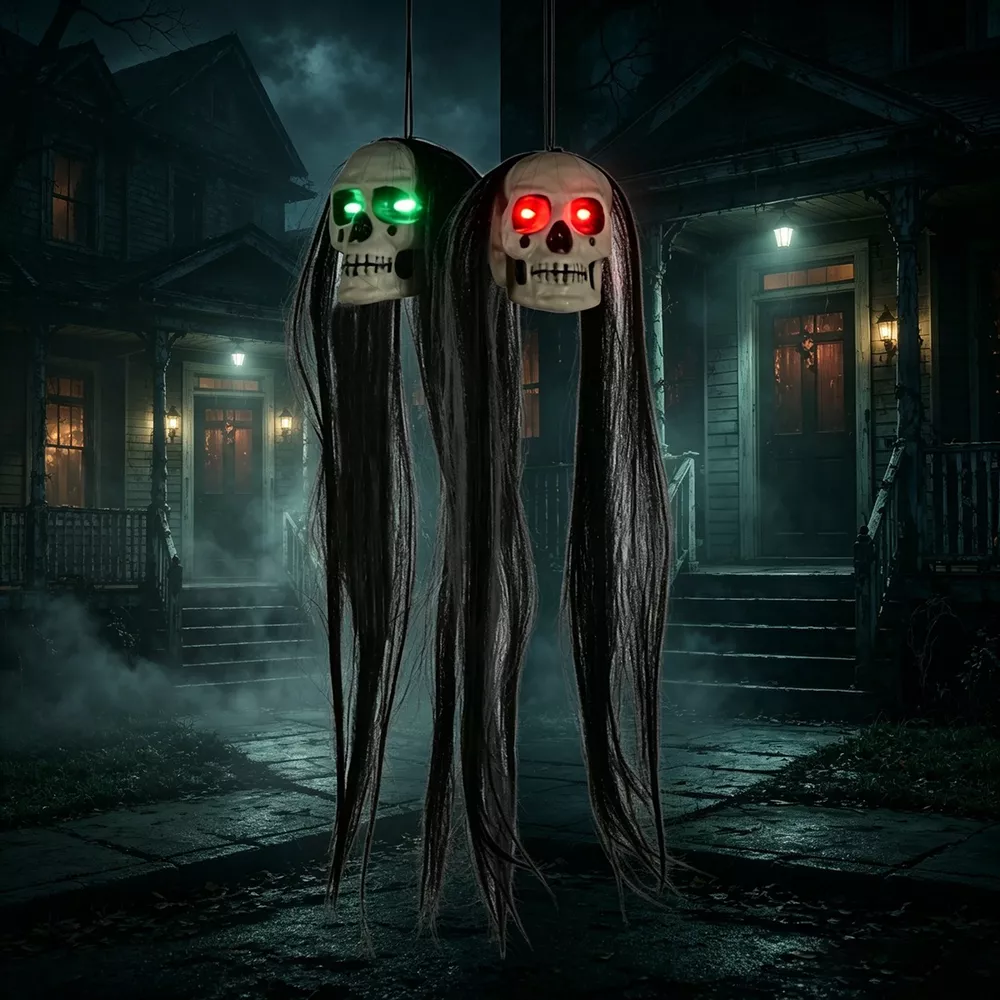 Halloween Hanging Dual-Skull with Glowing Eyes and Long Hair, image 2