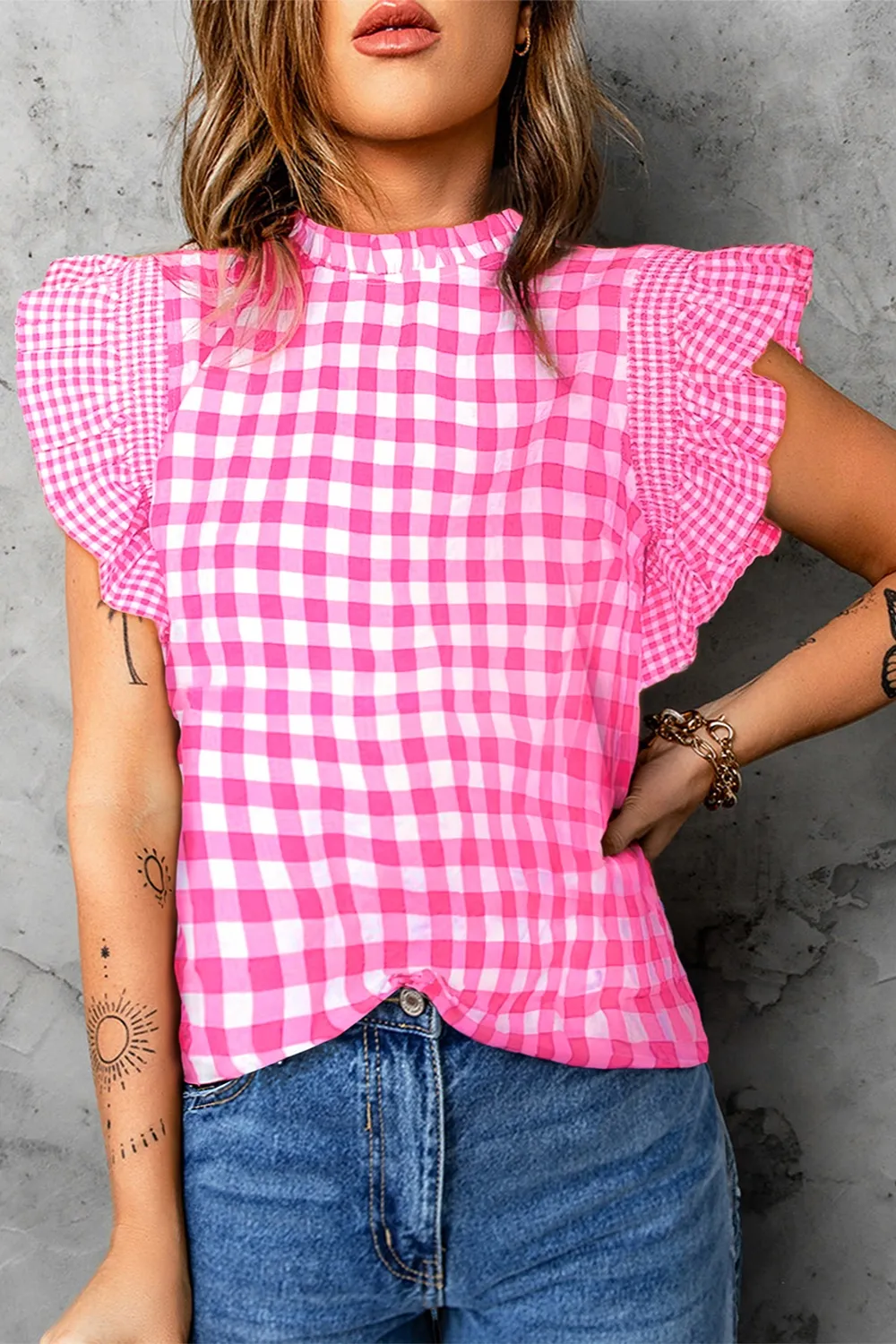 Ruffled Plaid Mock Neck Cap Sleeve Blouse, image 6