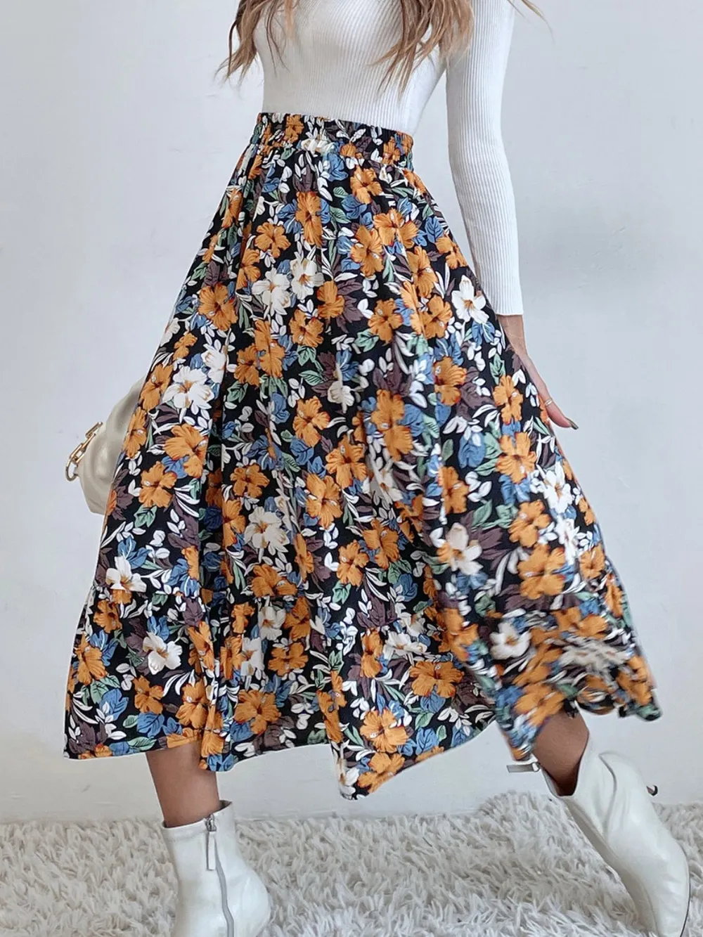 Printed Elastic Waist Midi Skirt, image 17