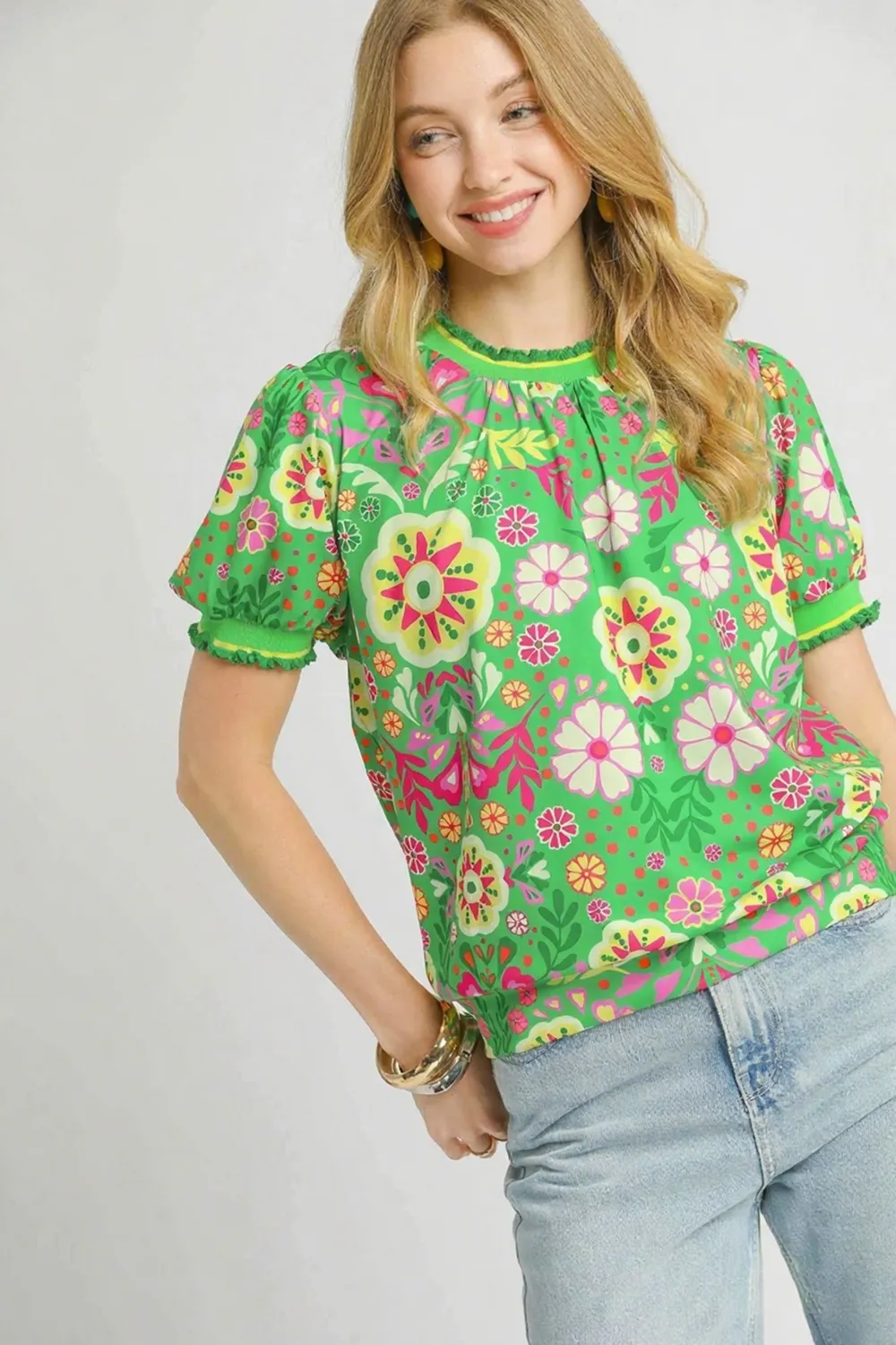 Retro Floral Puff Sleeve Top