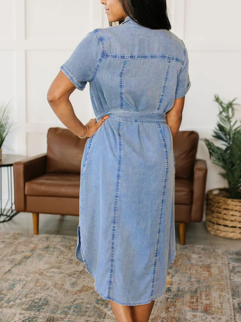 Button Front Short Sleeve Denim Dress, image 4