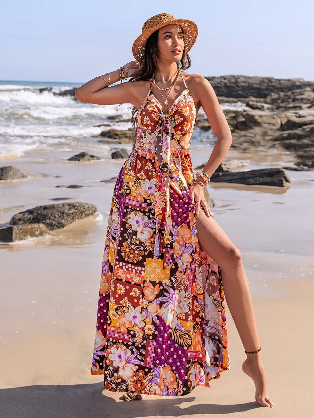 Slit Printed Halter Neck Cami Dress, image 6