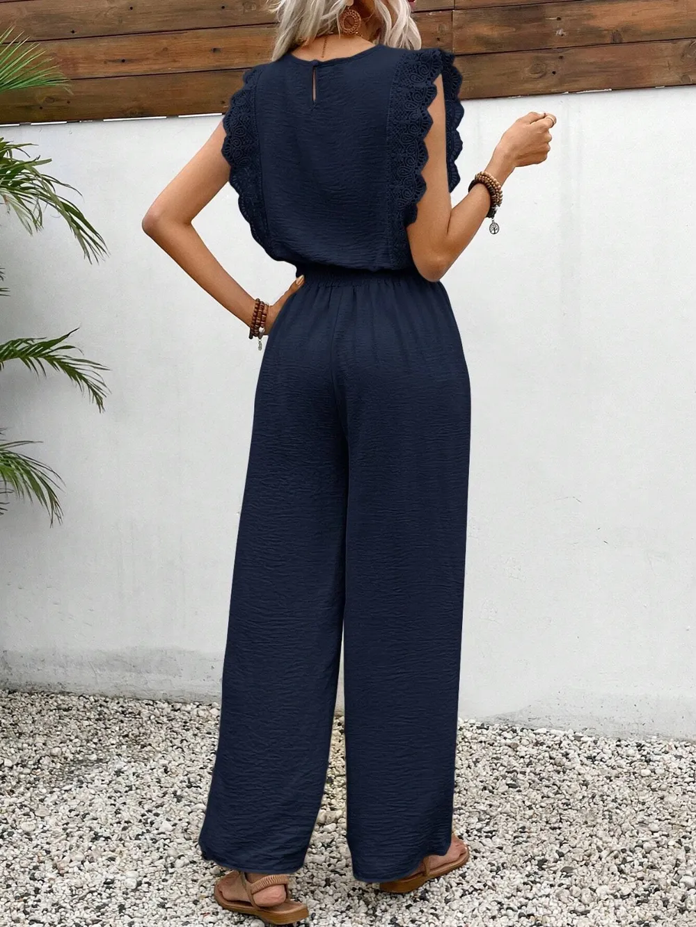 Lace Trim Round Neck Top and Pants Set, image 25
