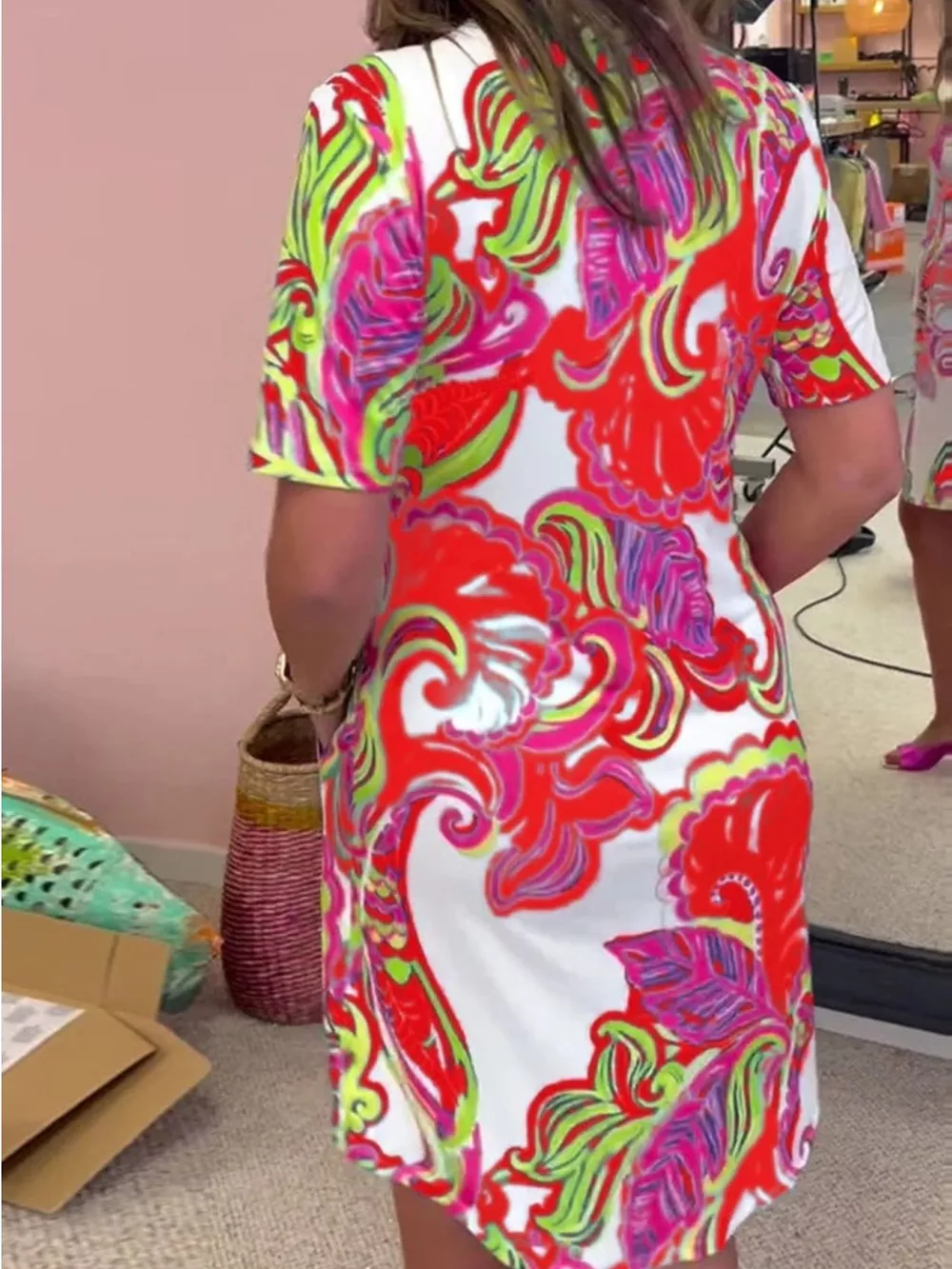 Full Size Vibrant Paisley Print Short Sleeve Shift Dress Plus Size, image 4