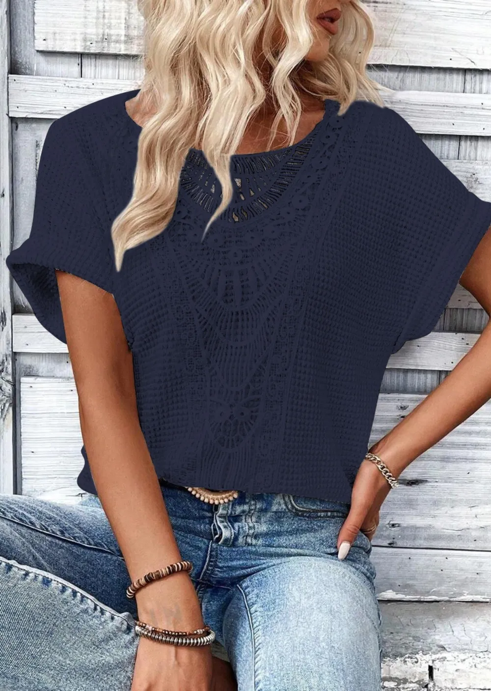 Crochet Lace Short Sleeve Casual T-Shirt, image 16