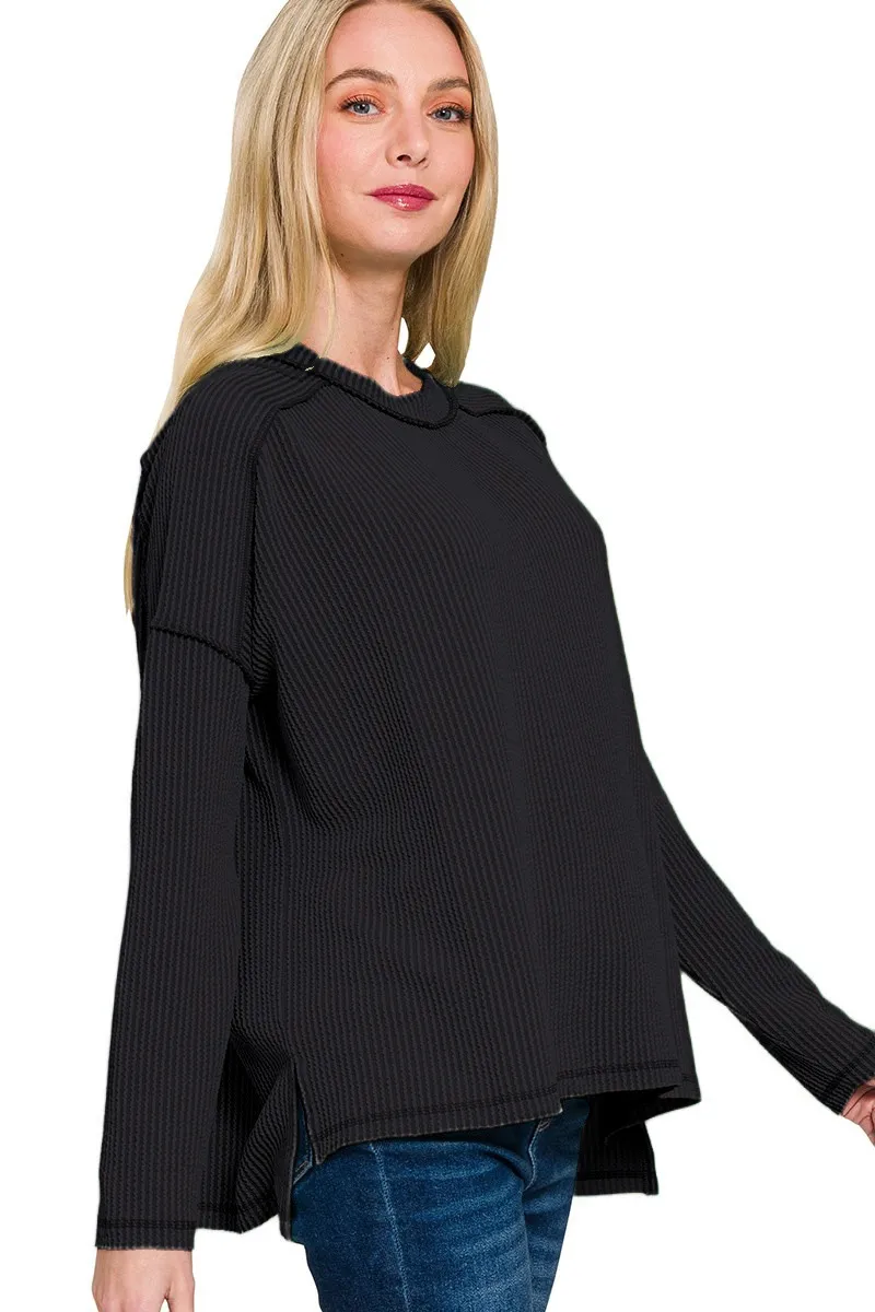 Full Size Exposed Seam Long Sleeve Corded Rib Knit Top Plus Size