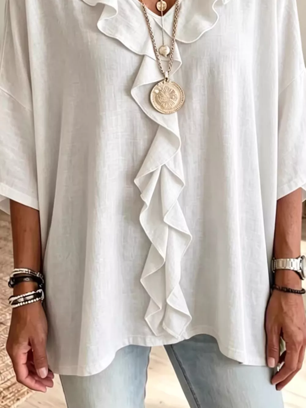 Full Size Ruffled V-Neck 3/4 Sleeve Blouse Plus Size, image 3