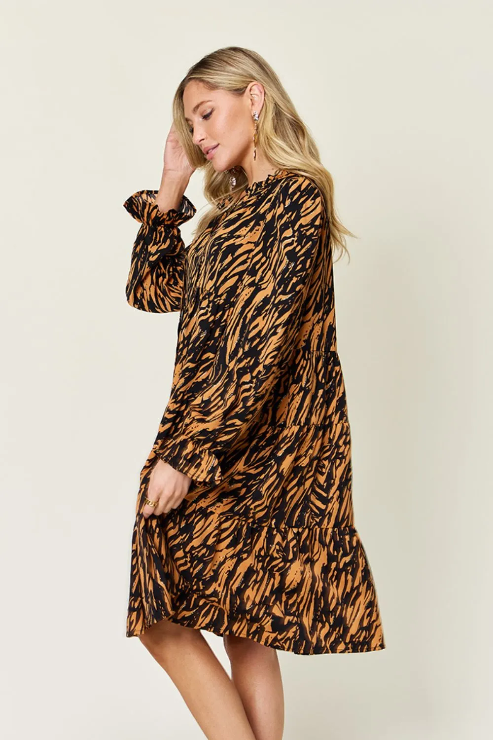Full Size Printed Ruffle Hem Long Sleeve Dress, image 13