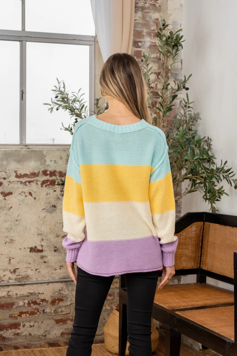 Full Size Color Block Exposed Seam Sweater, image 2