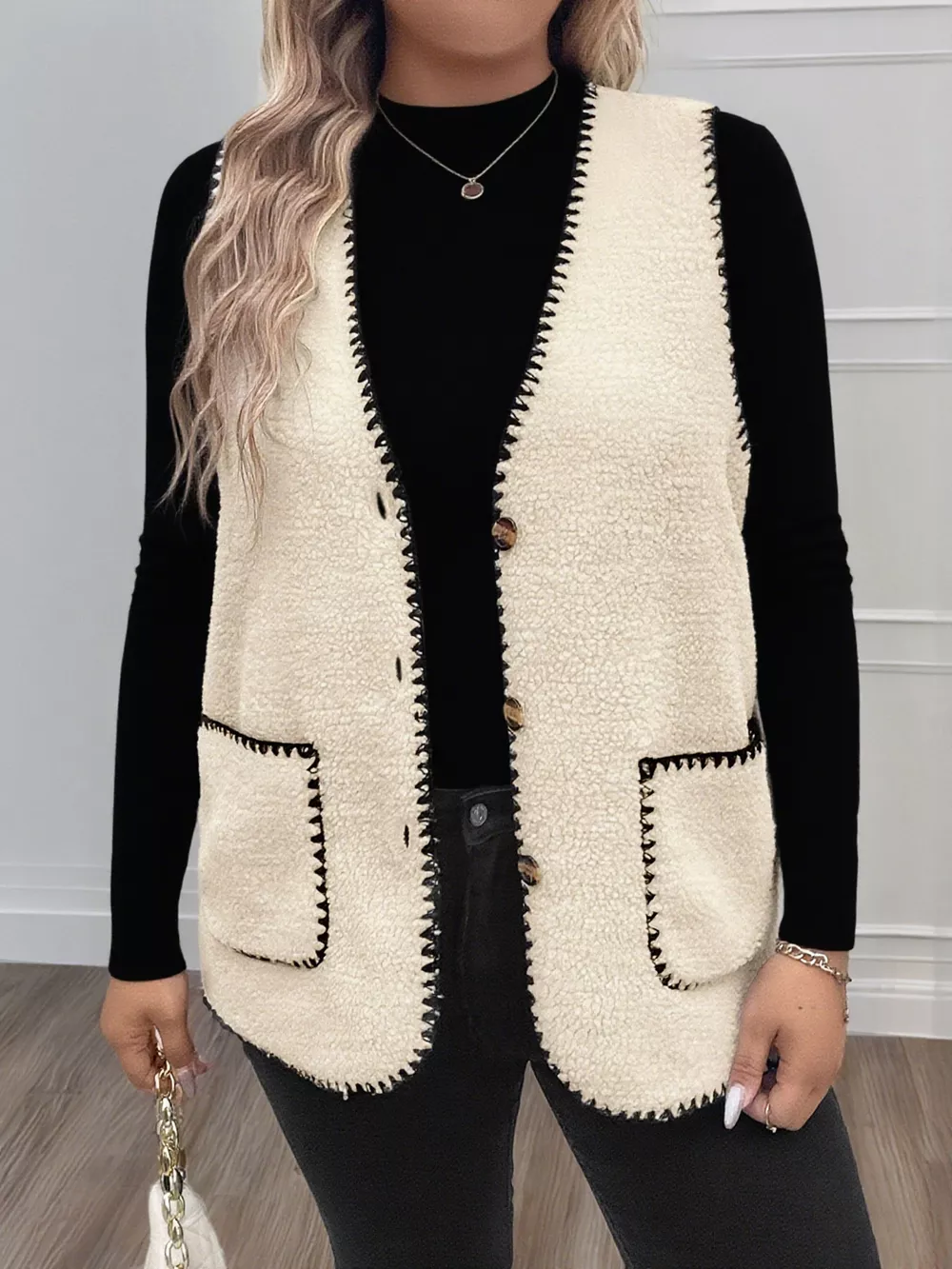 Plus Size Contrast Trim Button Up Vest Coat