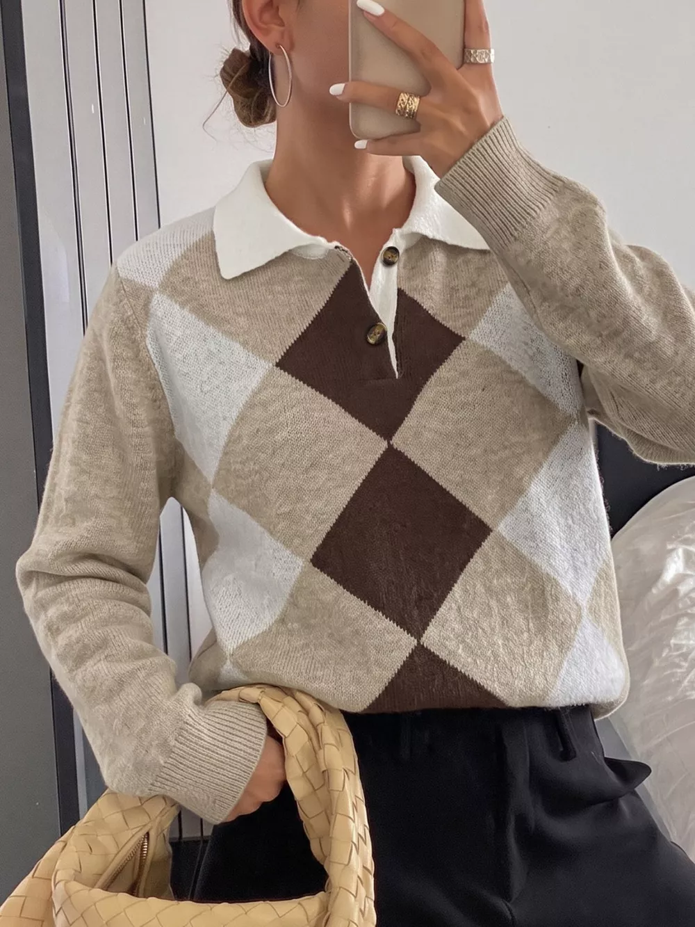 Argyle Patterned Polo Collar Sweater, image 5
