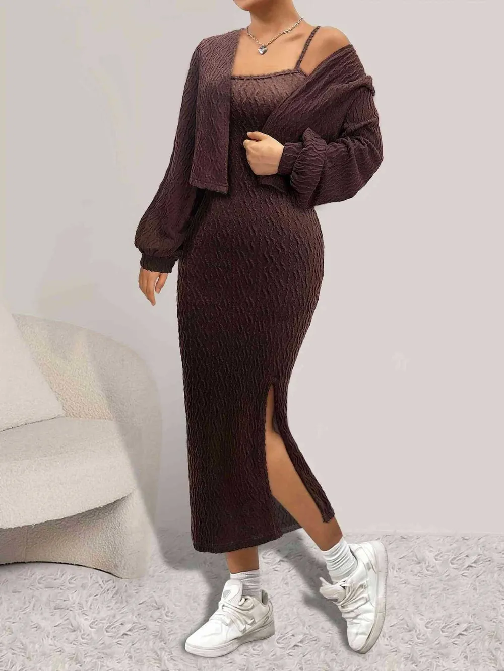 Open Front Long Sleeve Cardigan and Side Slit Cami Dress Set, image 3