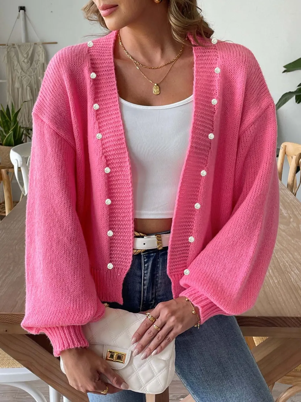 Pearl Open Front Long Sleeve Cardigan, image 6