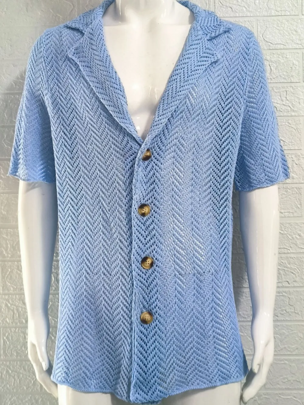 Men's Plus Size Herringbone Eyelet Button Down Knit Shirt, image 9